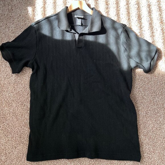 H&M Mens Regular Fit Hole-patterned Polo Shirt - BLACK USED LARGE - Picture 1 of 8